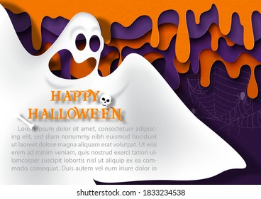 Closeup y recortar fantasmas aterradores con letras de Feliz Halloween y ejemplos de textos sobre sangre malvada caen ahogados en el estilo cortado de papel y fondo negro. Todo en diseño vectorial.