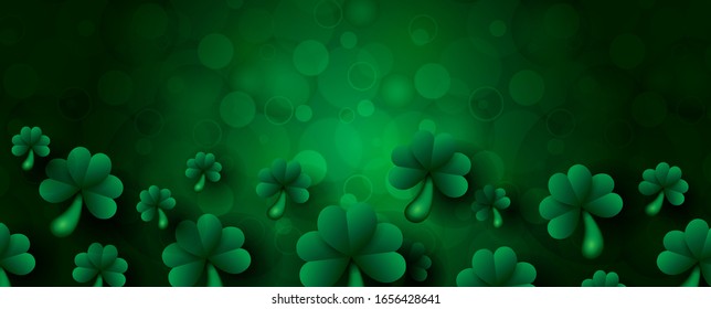 Closeup and crop shamrock plants on blurred and bokeh with space for texts and green background. Saint Patrick's Day greeting card and poster in vector and web banner design.