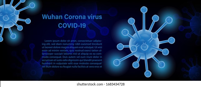 Closeup and crop symbols of virus in neon blue with 3d style and name of the new corona virus, example texts on virus symbols pattern and dark blue background. 