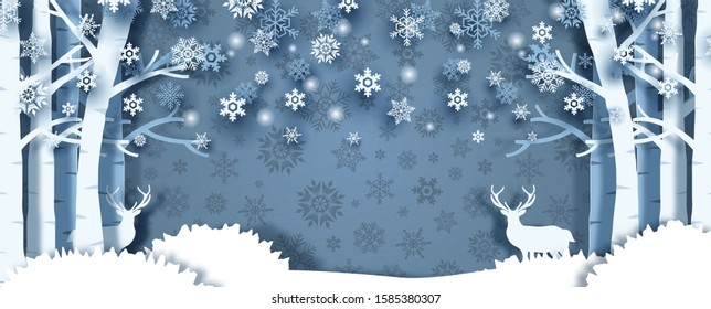 Closeup and crop winter season of pine forest with deers, space for texts on silhouette snow flake pattern and blue background. Christmas greeting card in paper cut style and banner vector design.