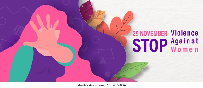 Closeup and crop woman character hand up stop sign on autumn leave with slogan and name of event on white paper pattern background. Campaign poster in paper cut style and banner vector design.