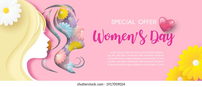 Closeup and crop women face with colorful flowers in paper cut style and Women's day specials offer sale wording, example texts on pink background. Poster's banner of Women's day in vector design.