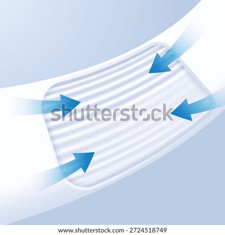 Close-up cross-section of dense, tightly bundled fibers. Blue arrows indicate moisture being locked securely into the absorbent core. Concept for super absorbent diapers and heavy-duty sanitary pads.