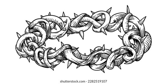 Close-up of crown of thorns in hand drawn style. Isolated design in retro style.