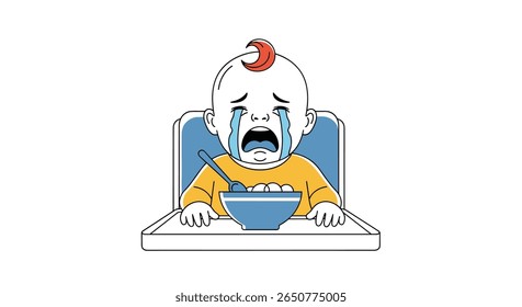 Close-up of a crying baby sitting in a high chair with a bowl of food before them