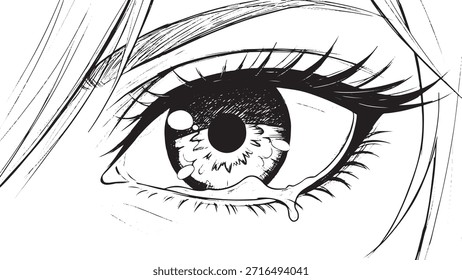 Primer plano de un ojo llorando en manga en blanco y negro o dibujo de estilo anime, mostrando pestañas detalladas y una lágrima rodando hacia abajo, capturando la emoción y la tristeza en un sketch dramático