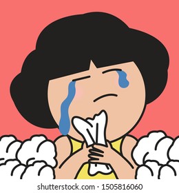 Closeup Crying Girl Sitting In A Huge Pile Of Crumpled Tissue Paper Concept Card Character illustration