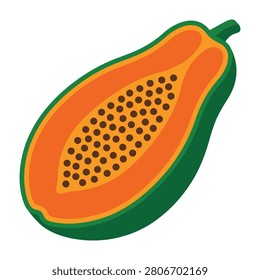 Closeup of a cut papaya fruit with visible seeds inside, showcasing its vibrant orange color and green skin, perfect for food and health-related projects