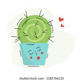 Close-up cute cactus characters. Vector in cartoon style. Sticker of a happy glamorous cactus with a funny face and potted hearts. For use as cards, invitations, stickers, prints, banners flat style.