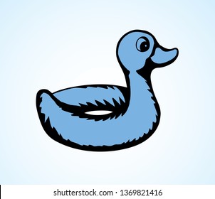 Closeup cute funny animal plastic safe support preserver swimring design on white aqua river space for text. Outline black ink hand drawn saver survival object logo in modern art doodle style on paper