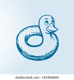 Closeup cute funny animal plastic safe support preserver swimring design on white aqua river space for text. Outline black ink hand drawn saver survival object logo in modern art doodle style on paper