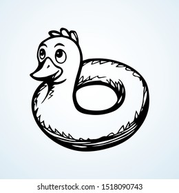 Closeup cute funny animal plastic safe support preserver swimring design on white aqua river space for text. Outline black ink hand drawn saver survival object logo in modern art doodle style on paper
