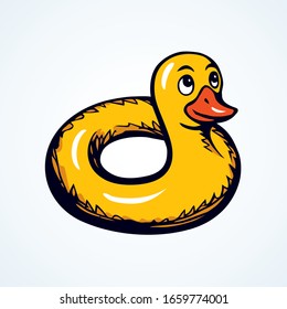 Closeup cute funny animal plastic safe support preserver swimring design on white aqua river text space. Bright orange color hand drawn saver survival object logo in modern art doodle style on paper
