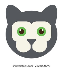 Closeup of a cute grey cartoon cat face with bright green eyes and white muzzle