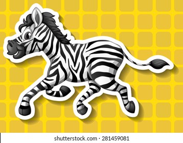 Closeup cute zebra running on yellow background
