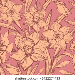 Close-up daffodil flowers seamless pattern in trendy color of the year 2024 peach fuzz. Botanical modern design for textile, apparel fabric, bedding, dress, wallpaper.