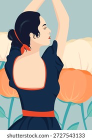A close-up of a dancer among stylized flowers. Template for posters, flyers, covers, packaging, postcards, etc.