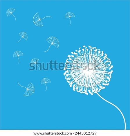 A close-up of a dandelion seed head with its white, fluffy seeds blowing away on a bright blue sky background.