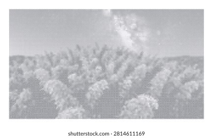 Close-up of dandelion seeds in wind, abstract dot art, impressionistic style, outdoor nature scene, graphic design element.