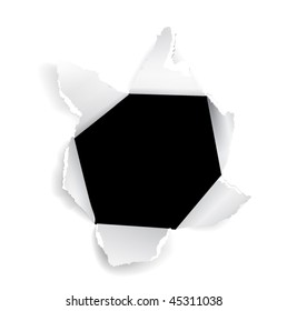 Closeup of a dark hole on white paper. File EPS 10 with transparency and overlay,  for better editing