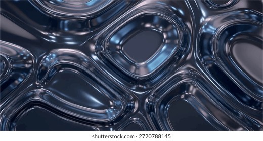 Nahaufnahme einer dunklen, metallischen Oberfläche mit komplizierten, fließenden Mustern und schimmernden Reflexionen, die eine abstrakte, futuristische Textur schafft.