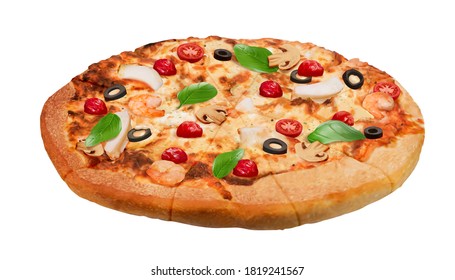 Closeup of delicious seafood pizza in 3d illustration, isolated on white background