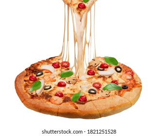 Closeup of delicious seafood pizza in 3d illustration, isolated on white background