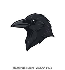 A close-up, detailed illustration of a raven's head in profile, showcasing its dark plumage and sharp beak.