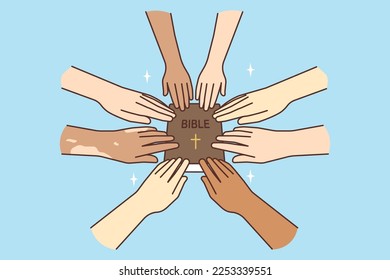 Close-up of different interracial people holding onto a book of the Holy Bible praying together. A multinational group holding a Bible is engaged in prayer. Religion and faith. Vector illustration.