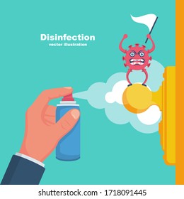 Close-up disinfection of door handles. Spraying disinfectant alcohol to handle of door. Cartoon coronavirus surrenders. Covid-19 give up. Vector flat design. Prevention concept. Controlling epidemic.