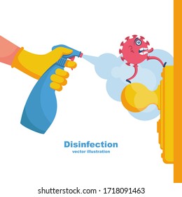 Close-up disinfection of door handles. Spraying disinfectant alcohol to the handle of a door. Vector illustration flat design. Prevention concept. Controlling the epidemic of coronavirus covid-19.