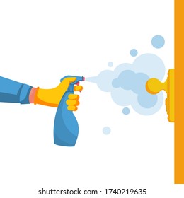 Close-up disinfection of door handles. Spraying disinfectant alcohol to the handle of a door. Vector illustration flat design. Prevention concept. Controlling the epidemic of coronavirus covid-19.