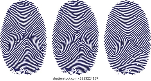 Close-up of distinct blue whorl thumb impressions on a clean white backdrop ideal for security concepts and personal recognition.