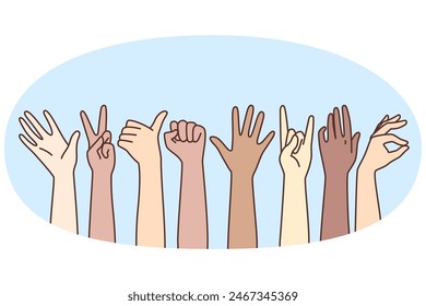 Los primeros planos de diversas personas multiétnicas muestran signos de mano. Hombres y mujeres multirraciales demuestran que los símbolos hablan en lenguaje de señas. Ilustración vectorial.