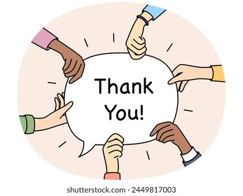 Closeup of diverse multiracial hands holding paper with thank you words. Multiethnic interracial people hold speech bubble with appreciation and gratitude. Vector illustration.