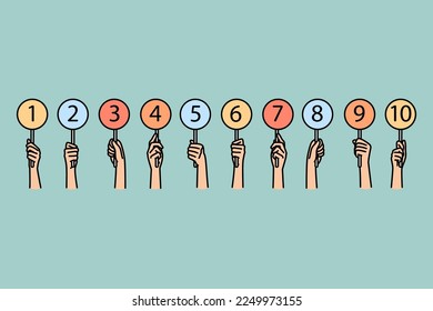 Closeup of diverse people hands holding different numbers in hands. Men and women vote show support or dislike. Vector illustration. 