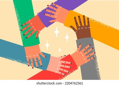 Close  up diverse people hold hands in circle show friendship   unity  Multiracial friends colleagues demonstrate togetherness   support  Vector illustration  