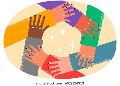 Close-up of diverse people hold hands in circle show friendship and unity. Multiracial friends or colleagues demonstrate togetherness and support. Vector illustration.