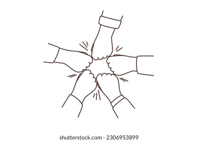 Close-up of diverse people join hands give fists bumps showing unity and support. Multiracial friend or colleagues engaged in teambuilding activity. Vector illustration. 