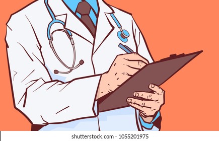 Closeup Of Doctor Hold Clipboard Making Notes Write Diagnosis Or Prescription