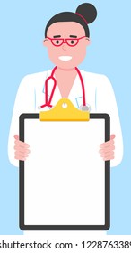Close-up doctor holding a clipboard without text for stories. Paper for writing or useful information flat style design isolated on light blue background. Female woman, hospital employee, stethoscope.