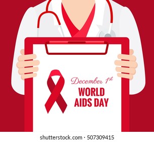 Close-up of a doctor with lab coat in his office holding a clipboard. World Aids Day concept. Vector illustration