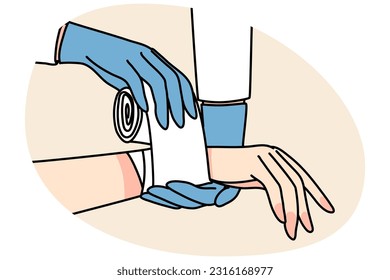 Closeup of doctor put bandage on patient hand. Therapist or nurse give first aid to person with injury or trauma. Medicine and healthcare concept. Vector illustration.