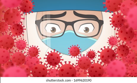 Closeup doctor wearing face shield and PPE suit to protect himself from the Coronavirus COVID-19, Panic with terrified eyes and face staring at something shocking, Comic style, Vector illustration