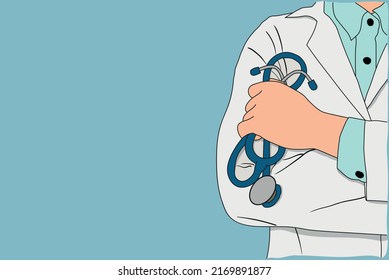 Acercamiento de la mano de un médico con uniforme blanco con un estetoscopio en las manos dibujado en un fondo azul con copia para publicidad. Concepto de atención de la salud. Ilustración vectorial.