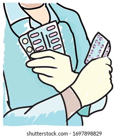 Close-up doctor's hands in gloves hold pills. The doctor in a blue coat holds drugs for coonavirus. Traditional style vector illustration