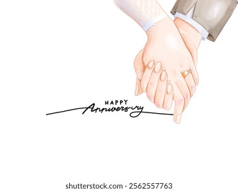 Close-up drawing of a couple’s hands, one in a suit and the other in lace, celebrating an anniversary with handwritten text.