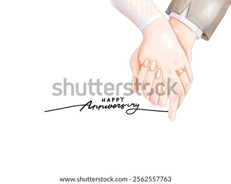 Close-up drawing of a couple’s hands, one in a suit and the other in lace, celebrating an anniversary with handwritten text.