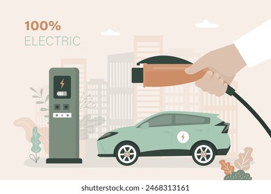 Closeup driver hand holds plug for charges modern electric car at charging station. City landscape on background. Ecologically clean transport, sustainable development. flat vector illustration