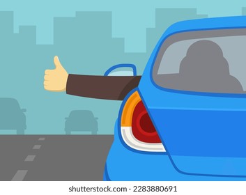 Close-up of a driver showing thumbs up gesture. Back view of a car on road. Flat vector illustration template.